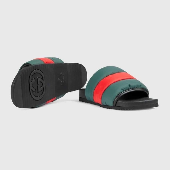 Gucci Puffer Nylon Slides Black/Red/Green Slides Sandals Sz 38 Made In Italy - Picture 1 of 5